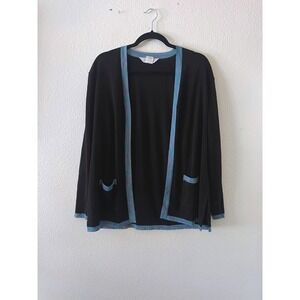 Misook Black Open Front Cardigan Space Dye Trim Pockets Travel Sweater Womens S